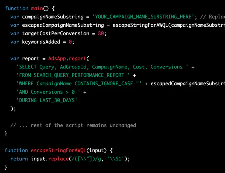 A Google Ads Scripts editor window showing account level function calls and their logged output